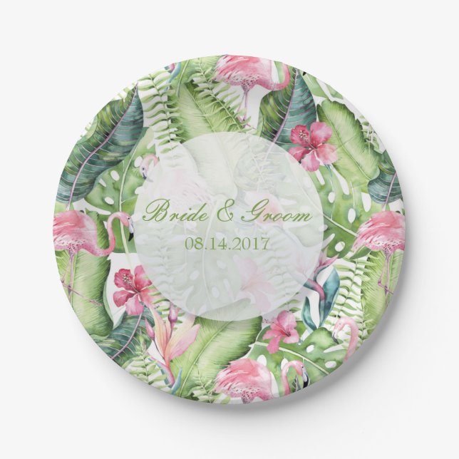 Aloha Flamingo Tropical Beach Wedding Paper Plates (Front)