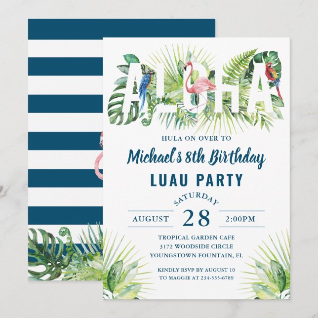 Aloha Flamingo Tropical Navy Blue Luau Birthday Invitation (Front/Back)