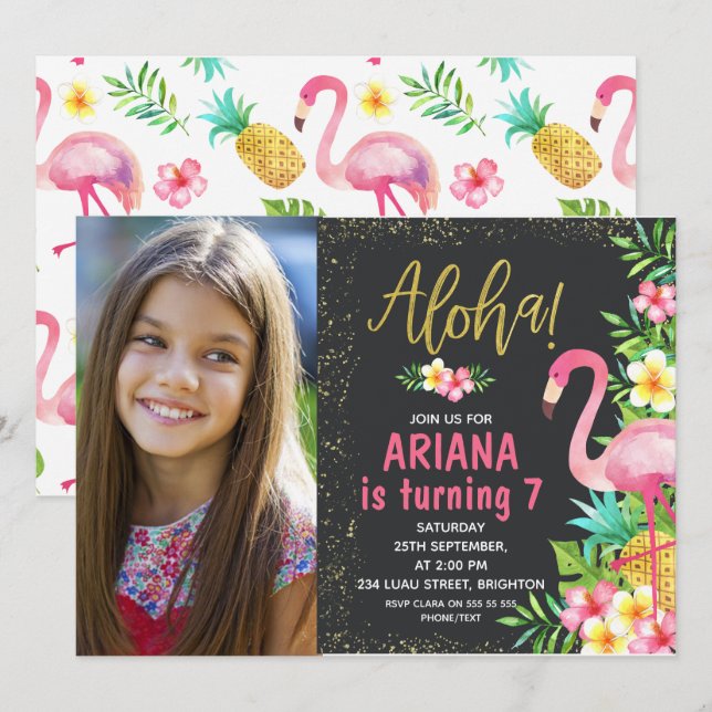 Aloha Flamingo Tropical Photo Birthday Invitation (Front/Back)