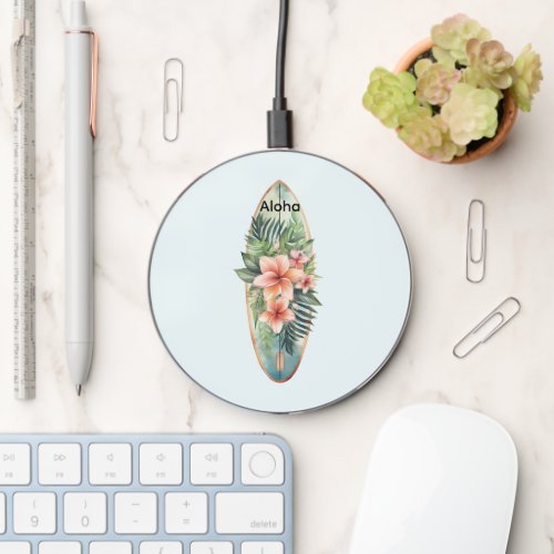 Aloha Floral Tropical Blue Pink Surf Board Wireless Charger