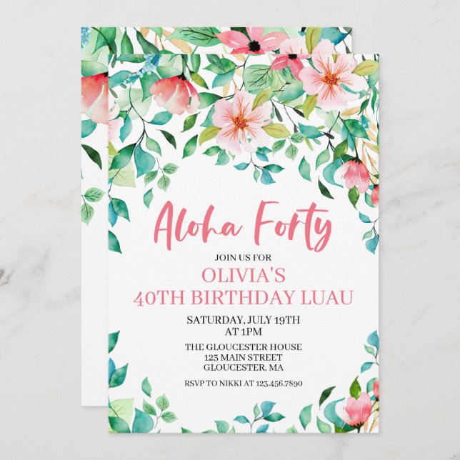 Aloha Forty Tropical Luau Birthday Invitation (Front/Back)