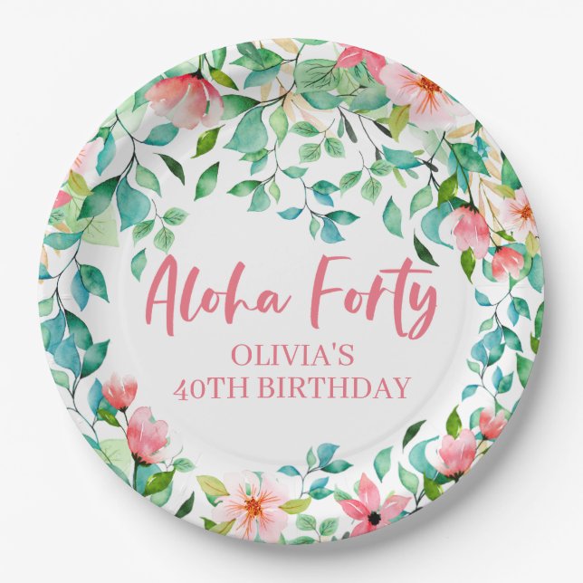 Aloha Forty Tropical Luau Birthday Paper Plates (Front)