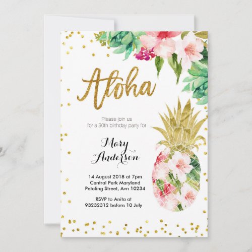 Aloha Gold Pineapple Birthday Invitation