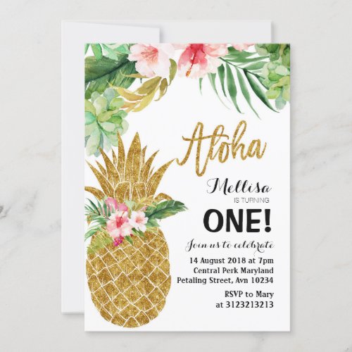 Aloha Gold Pineapple First Birthday Invitation