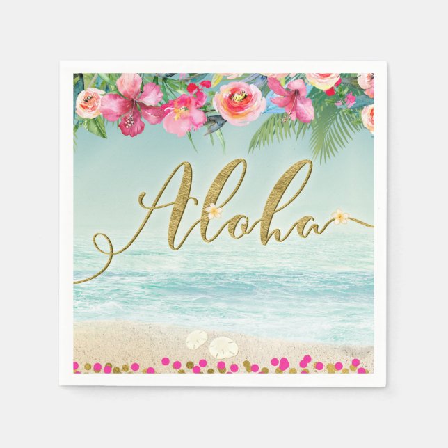 ALOHA Gold Tropical Beach Hibiscus Flowers Floral Paper Napkins (Front)