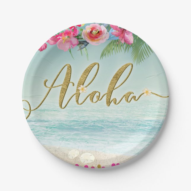 ALOHA Gold Tropical Beach Hibiscus Flowers Floral Paper Plates (Front)
