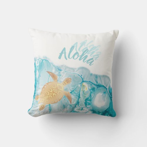 Aloha  Gold Turtles Blue Ink Coastal Outdoor Pillow