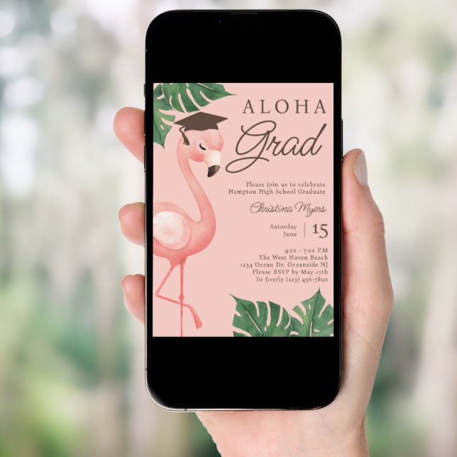 Aloha Grad Pink Flamingo Tropical Girl Graduation Invitation (Front Digital)