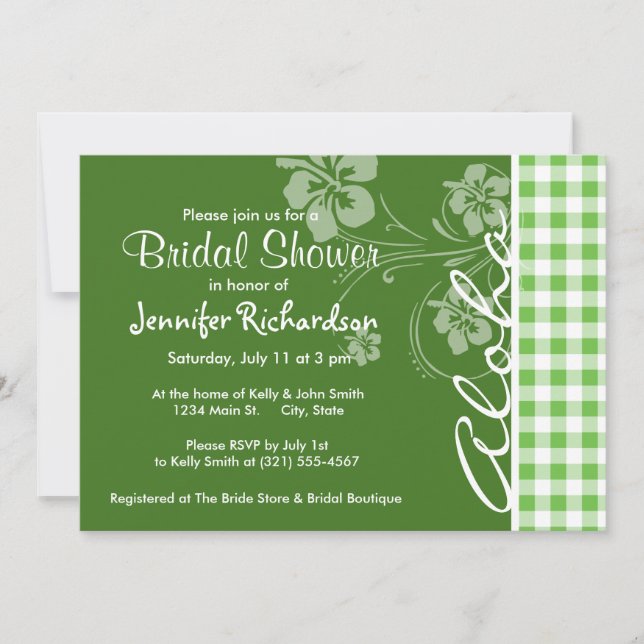 Aloha; Green Checkered; Gingham Invitation (Front)