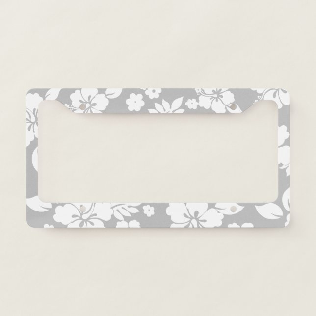 Aloha Grey Classic Hawaiian Hibiscus Print License Plate Frame (Front)