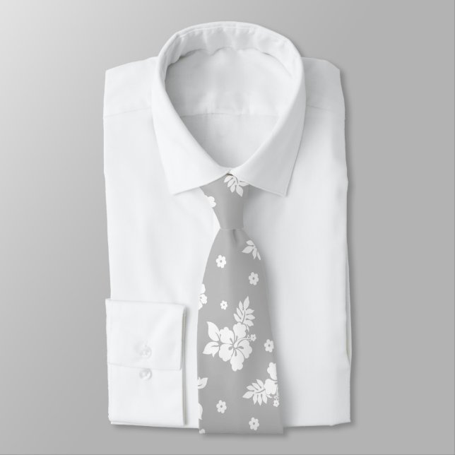 Aloha Grey Classic Hawaiian Seamless Pattern Neck Tie (Tied)