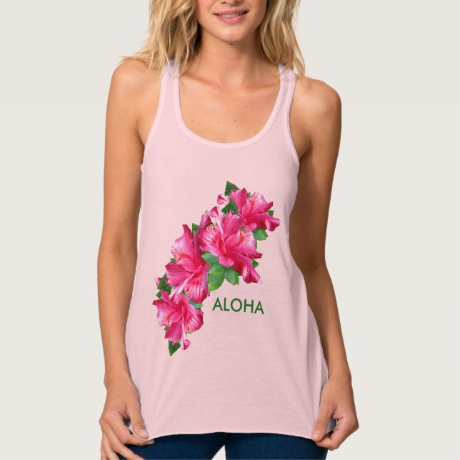 Aloha Happiness Pink Hibiscus Flower Tank Top (Front)
