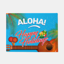 ALOHA Happy Holidays with Ukulele and Palm Doormat