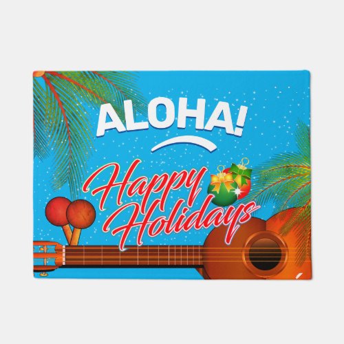 ALOHA Happy Holidays with Ukulele and Palm Doormat