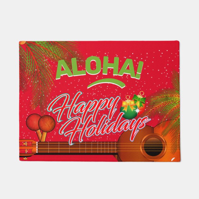 ALOHA Happy Holidays with Ukulele and Palm Doormat (Front)