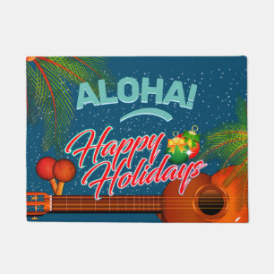 ALOHA Happy Holidays with Ukulele and Palm Doormat