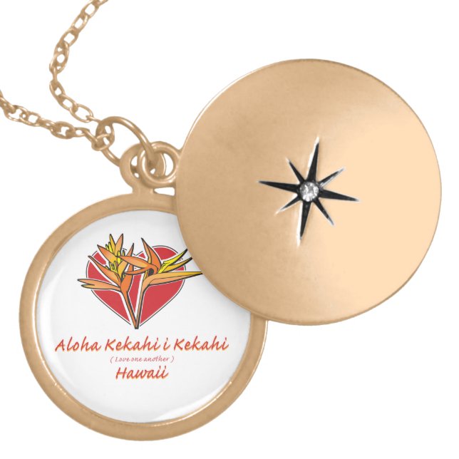 Aloha Hawaii Bird of Paradise Heart Gold Plated Necklace (Front)