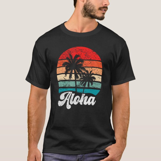 Aloha Hawaii Hawaiian Island Palm Tree Beach Retro T-Shirt (Front)