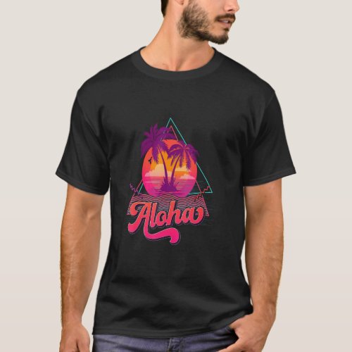 Aloha Hawaii Hawaiian Palm Tree Surf Beach 80s Vac T_Shirt