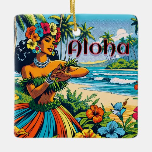 Aloha  Hawaii Hula Dancer on the Beach Ceramic Ornament