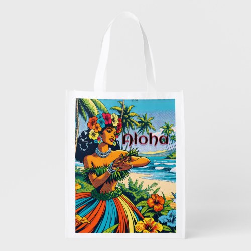 Aloha  Hawaii Hula Dancer on the Beach Grocery Bag