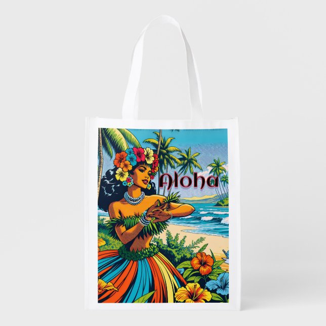 Aloha | Hawaii Hula Dancer on the Beach Grocery Bag (Front)