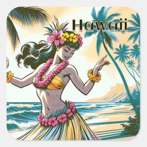 Aloha  Hawaii Hula Dancer on the Beach Square Sticker