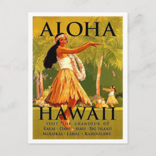 Aloha Hawaii, hula girl dance, vintage travel Postcard