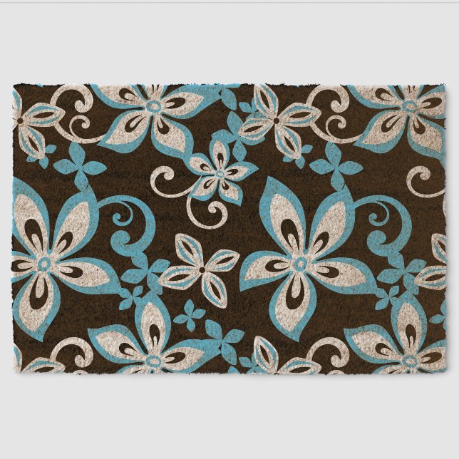 ALOHA HAWAII PATTERN IN BLACK AND BLUE FIBER DOORMAT (Front)