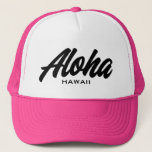 Aloha Hawaii script typography custom color Trucker Hat<br><div class="desc">Aloha Hawaii brush script typography custom color Trucker Hat. Custom black and white baseball cap for summer, beach, casual wear, sports, travel, golf and more. Stylish hand lettering design for men and women. Available in other cool colors too. Add your own American state or text optionally. Fun Birthday gift idea...</div>