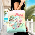 Aloha Hawaii Summer Flamingo Name Beach Tropical Tote Bag<br><div class="desc">Tropical summer Hawaiian-themed tote bag in pastel colors,  featuring a tropical heart with a beach view,  flamingos,  and flowers with a rainbow-colored ombre background. Easily personalize the text or leave it blank. - Kate Eden Art</div>