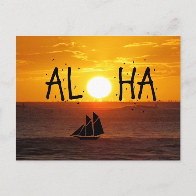 Aloha Hawaii Sunset Ocean Sailboat Postcard (Front)
