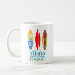 Aloha Hawaii Surfboards Coffee Mug<br><div class="desc">A cool island surfing design celebrating the spirit of Hawaii and Aloha with three vintage retro surfboards. Whether you are hitting the waves or beach bumming in the sand this Hawaiian gift is perfect for any island vacation.</div>