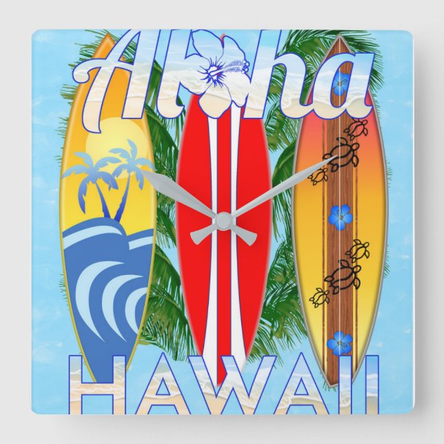 Aloha Hawaii Surfboards Square Wall Clock (Front)