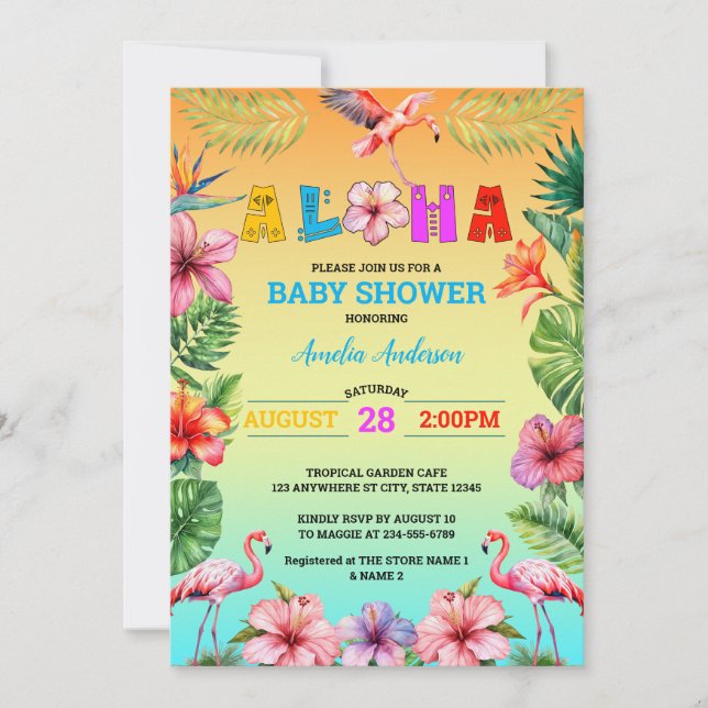 Aloha Hawaii Tropical Floral Flamingo Baby Shower Invitation (Front)