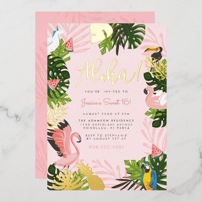 Aloha Hawaii Tropical Summer Gold Birthday Party Foil Invitation (Front/Back)