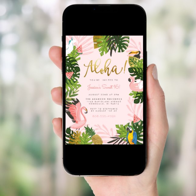 Aloha Hawaii Tropical Summer Gold Birthday Party Invitation (Front Digital)