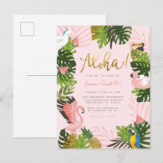 Aloha Hawaii Tropical Summer Gold Birthday Party Invitation Postcard (Front/Back)