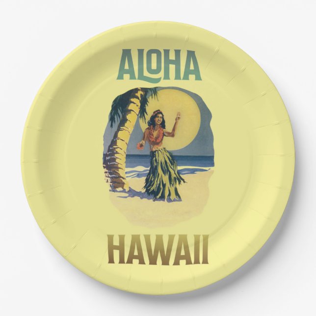 Aloha Hawaii Vintage Hula Girl   Paper Plates (Front)