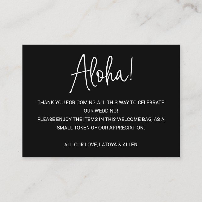 Aloha Hawaii Wedding Black Welcome Gift Bag Basket Place Card (Front)