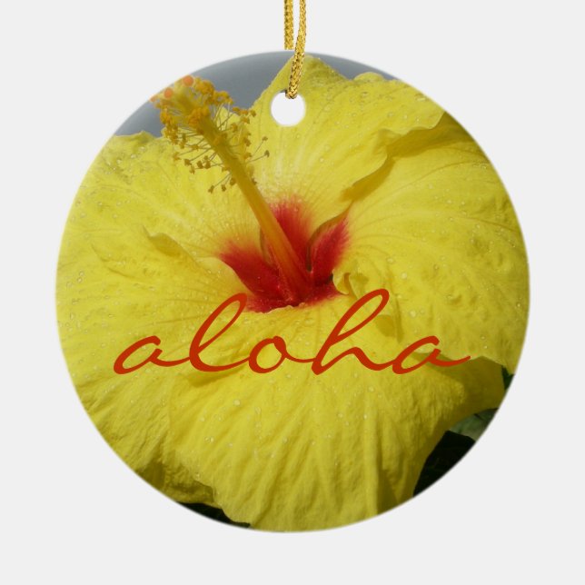 Aloha, Hawaii Yellow Hibiscus Ceramic Ornament (Front)