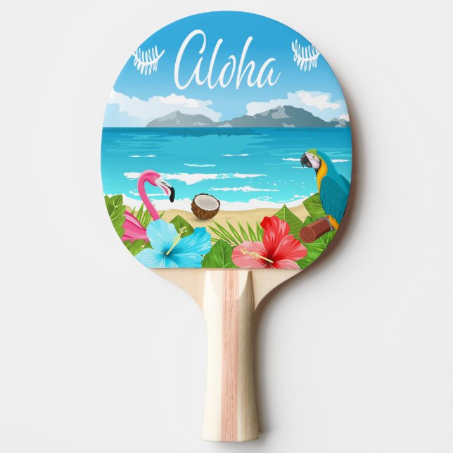Aloha hawaiian beach flamingo floral blue  Ping-Pong paddle (Front)