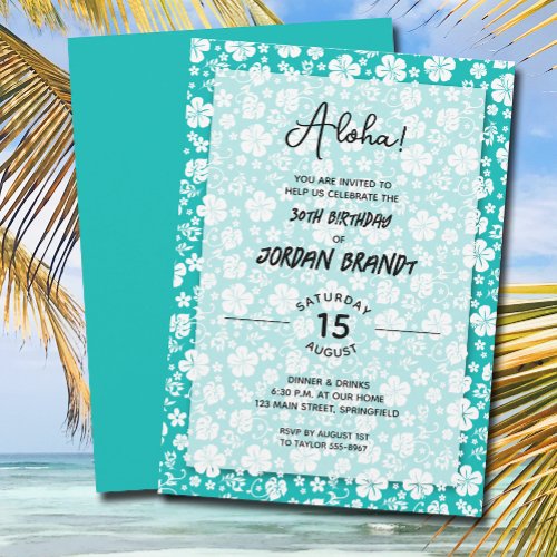 Aloha Hawaiian Floral Aqua Birthday Party Invitation