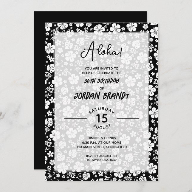 Aloha Hawaiian Floral Black and White Birthday Invitation (Front/Back)