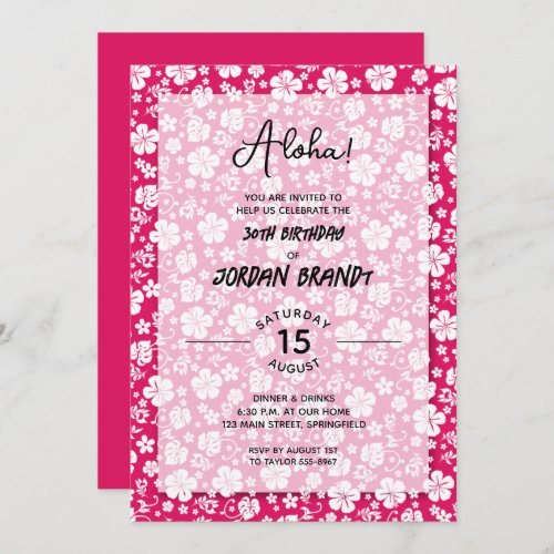 Aloha Hawaiian Floral Hot Pink Birthday Party Invitation