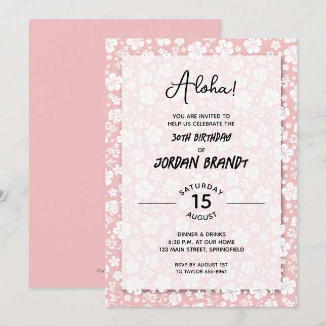 Aloha Hawaiian Floral Pink Birthday Party Invitation (Front/Back)