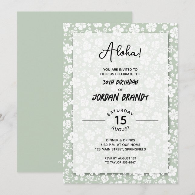 Aloha Hawaiian Floral Sage Birthday Party Invitation (Front/Back)