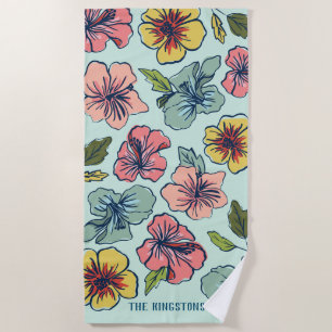 Aloha Hawaiian Flowers and Family Name Beach Towel