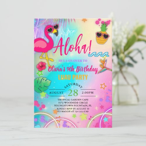 Aloha hawaiian hula on over tropical girl birthday invitation