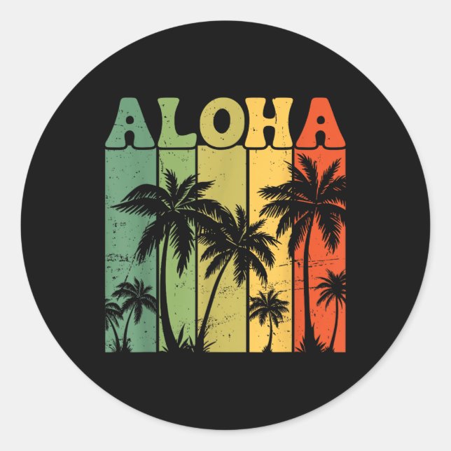 Aloha Hawaiian Island Palm Trees Surfboard Beach H Classic Round Sticker (Front)